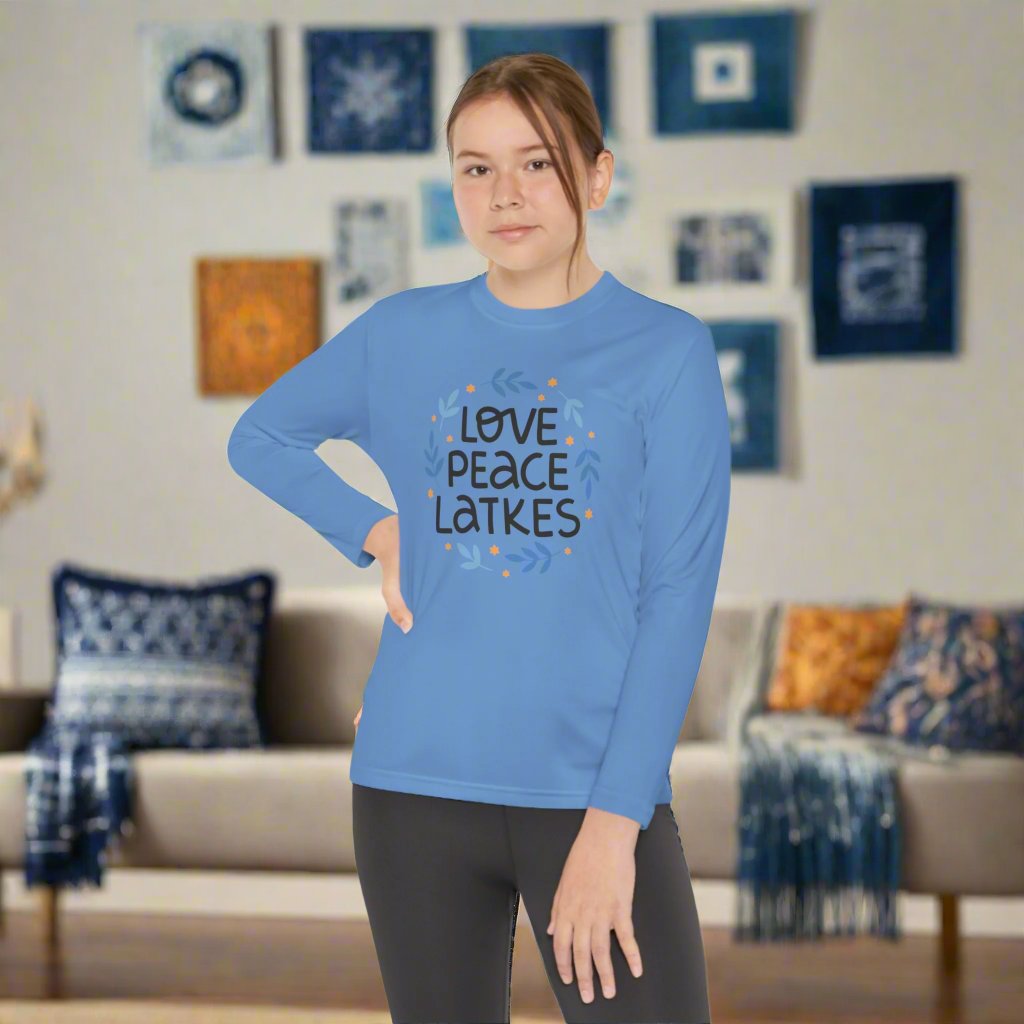 Hanukkah Love Peace Latkes Youth Long Sleeve Tee