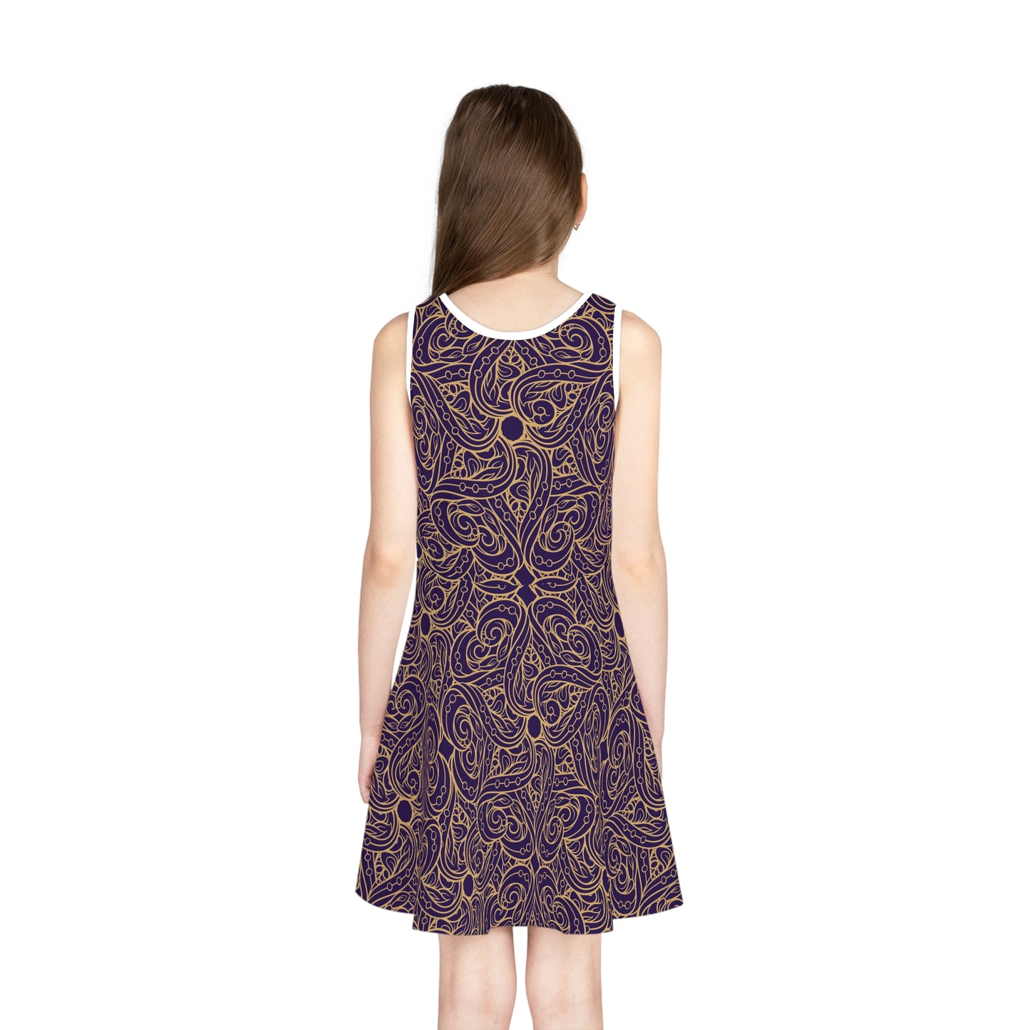 Golden Amethyst Radiance Mandala Girls' Sleeveless Sundress