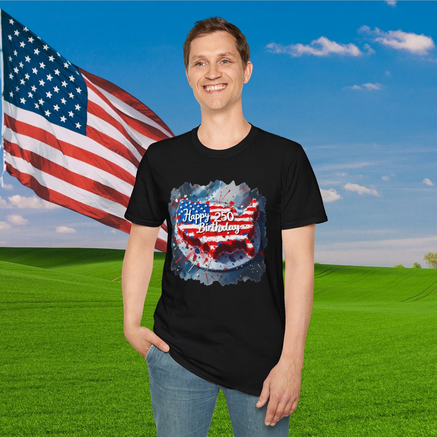 America-Shaped Happy 250th Birthday Cake Adult T-shirt