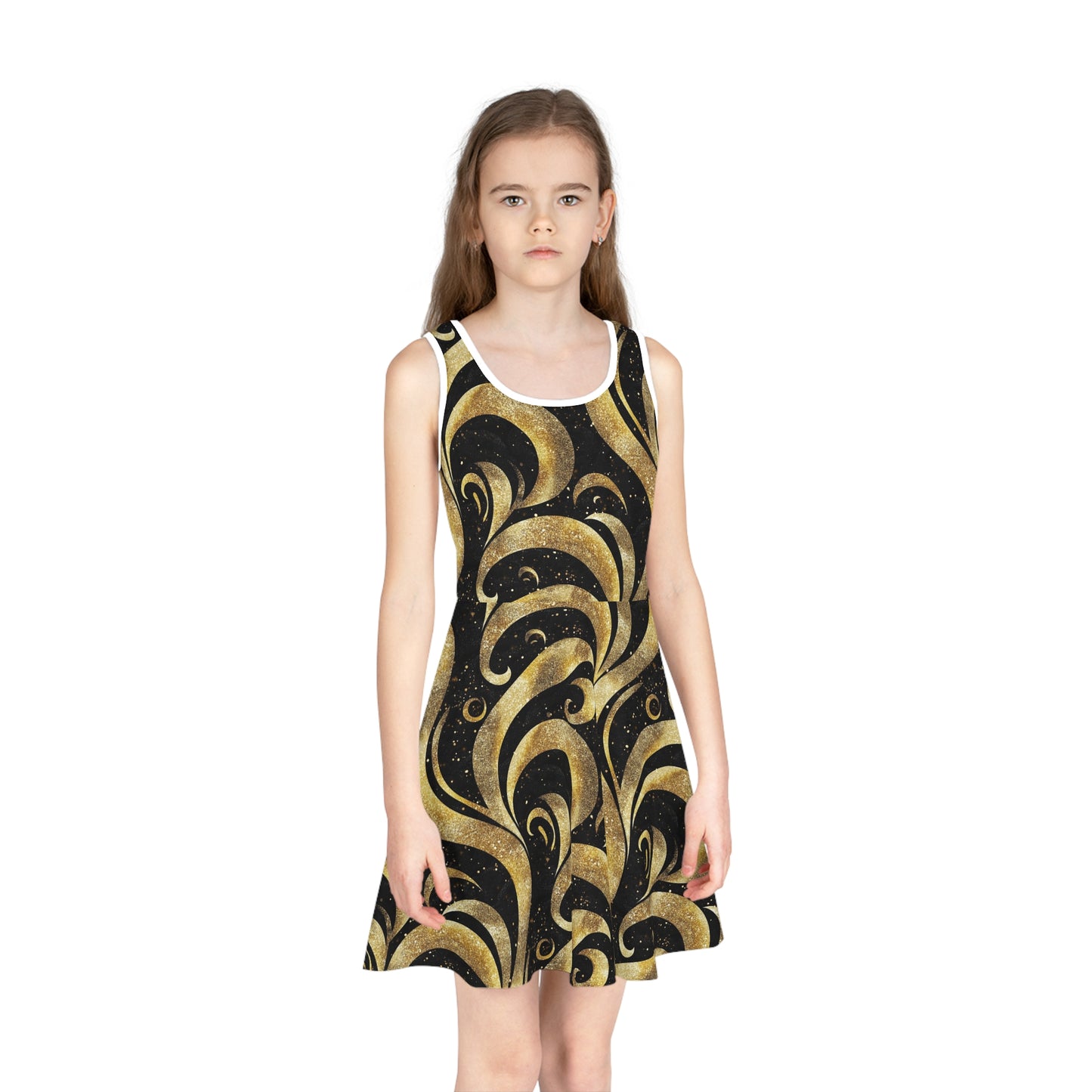 Black & Gold Luxe Swirl Girls' Sleeveless Sundress