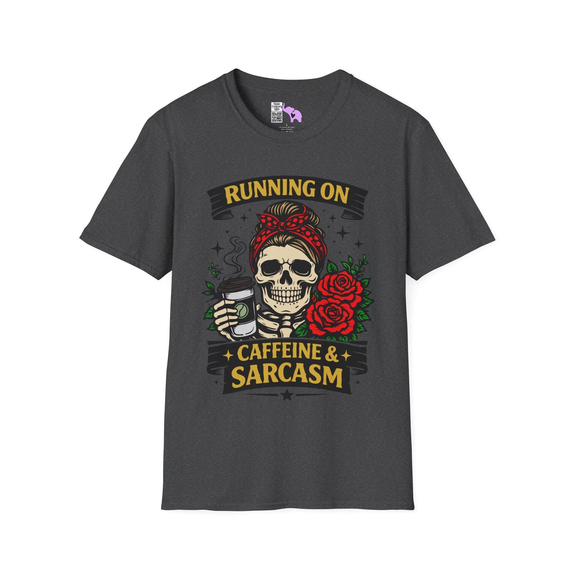 Running on Caffeine and Sarcasm (Roses) Adult T-shirt