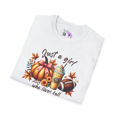 Just A Girl Who Loves Fall Pumpkin/Frappuccino/Football Adult T-shirt
