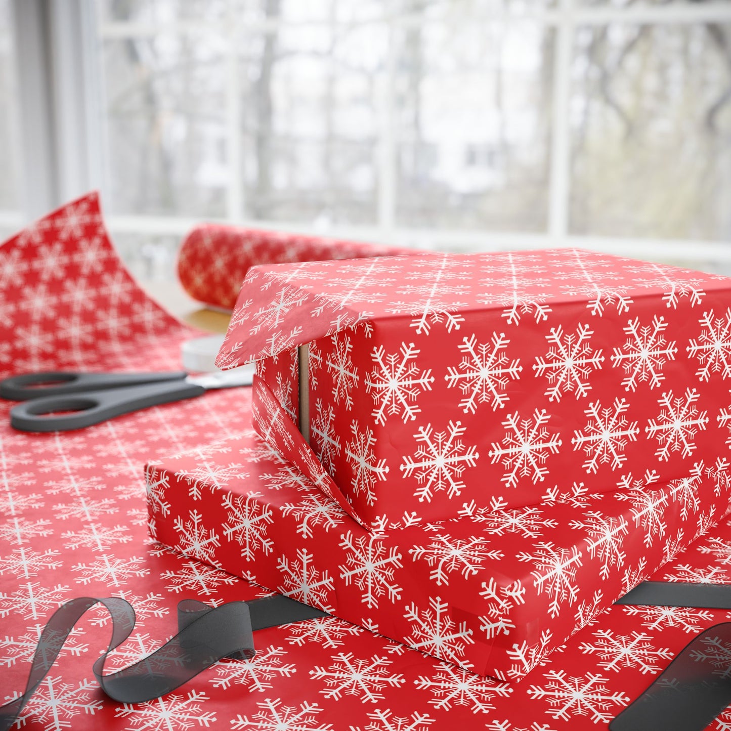 Snowfall on Red Wrapping Paper