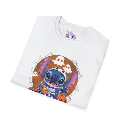 Halloween Skeleton Stitch w/Ghosts & Pumpkins Adult T-shirt
