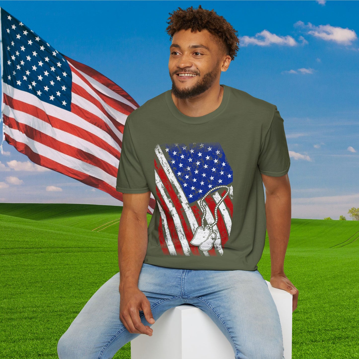 Distressed American Flag w/Dog Tags Adult T-Shirt