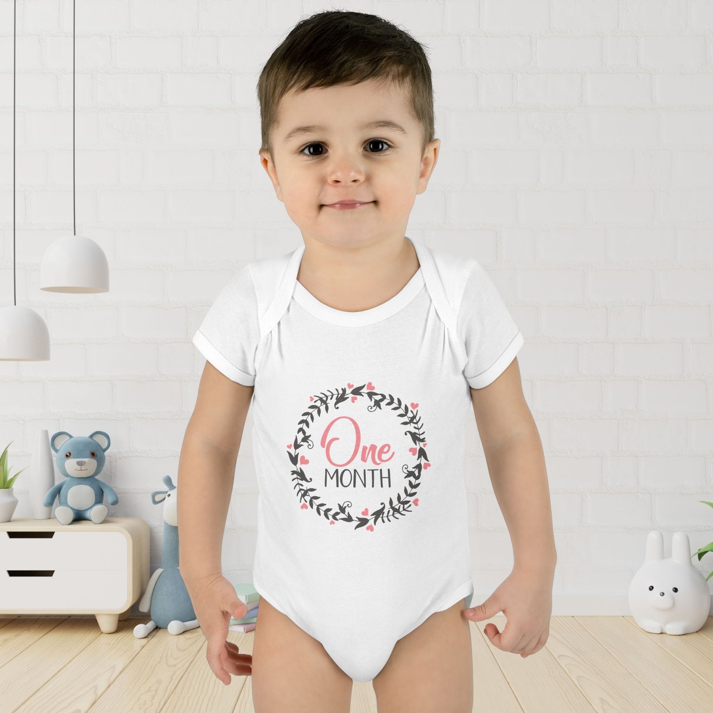 Pink Milestone Wreath Onesie-One Month