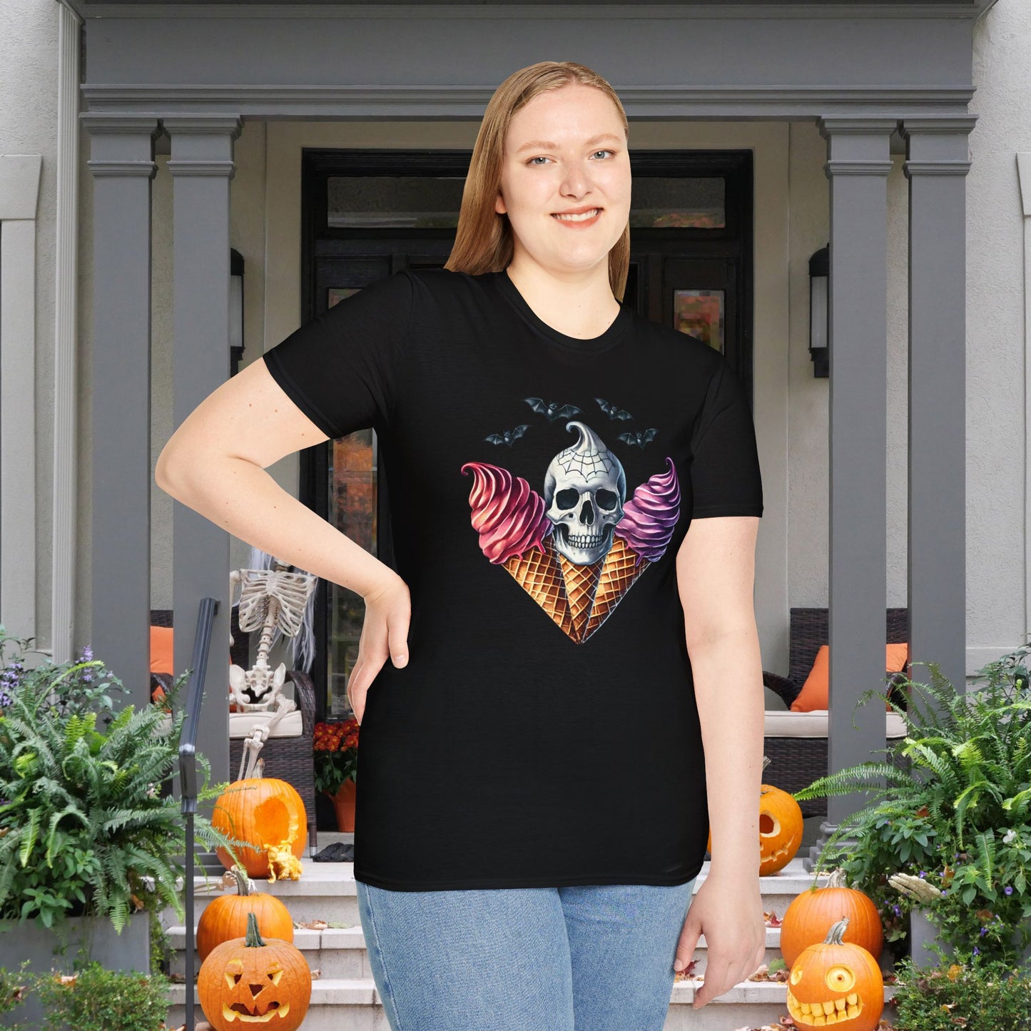 Cute Ice Cream Cone Skull w/Bats Adult T-shirt