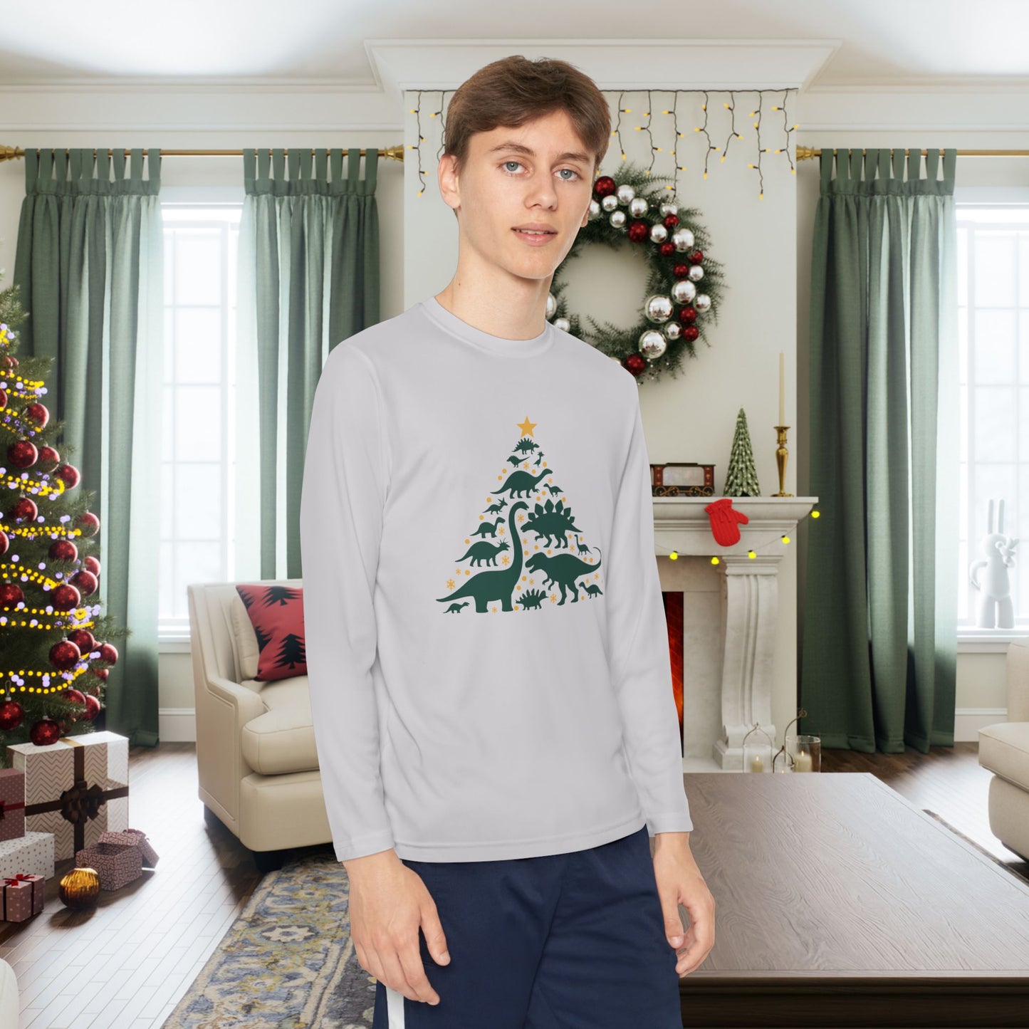 Dinosaur Christmas Tree Youth Long Sleeve Tee