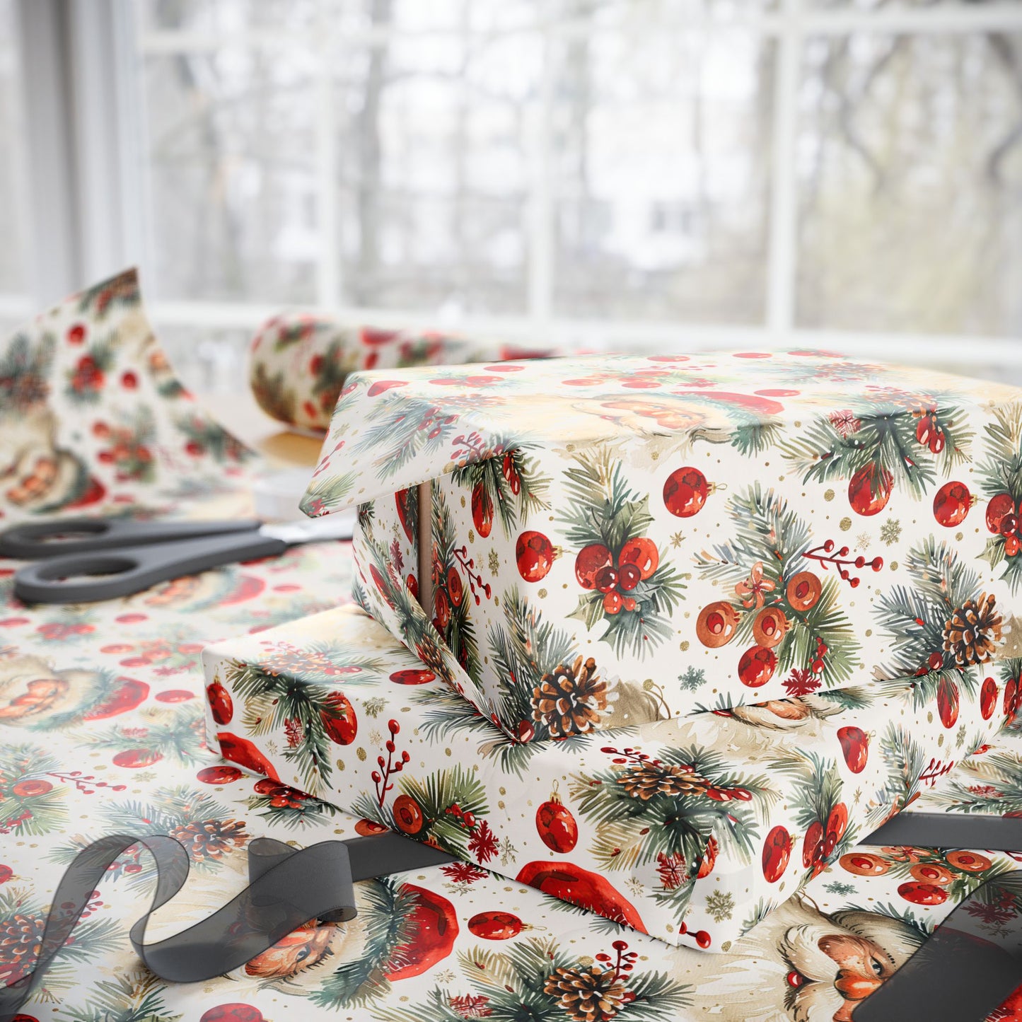 Festive Santa & Holly Blooms Wrapping Paper