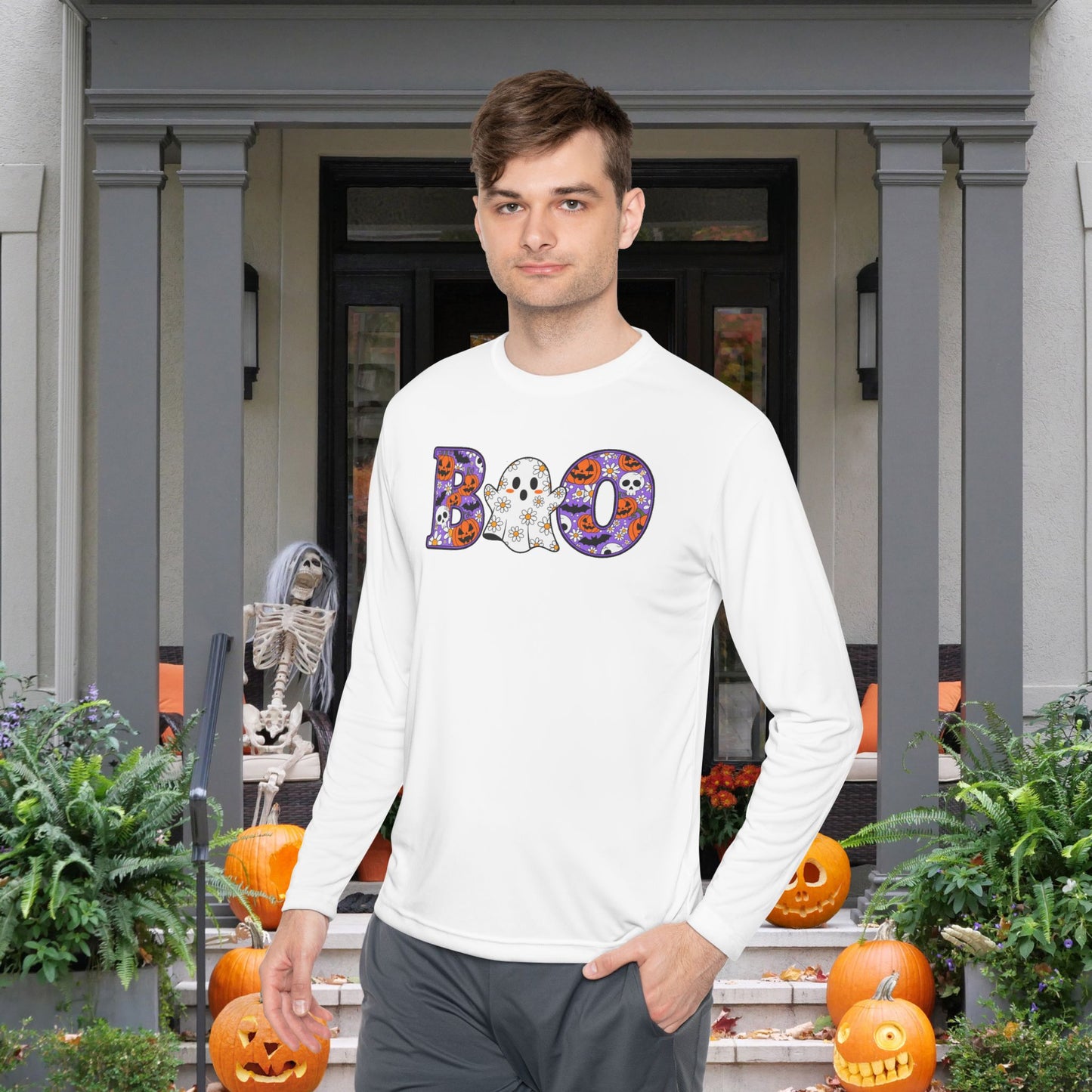 Cute Floral Boo w/Ghost Adult Long Sleeve Tee