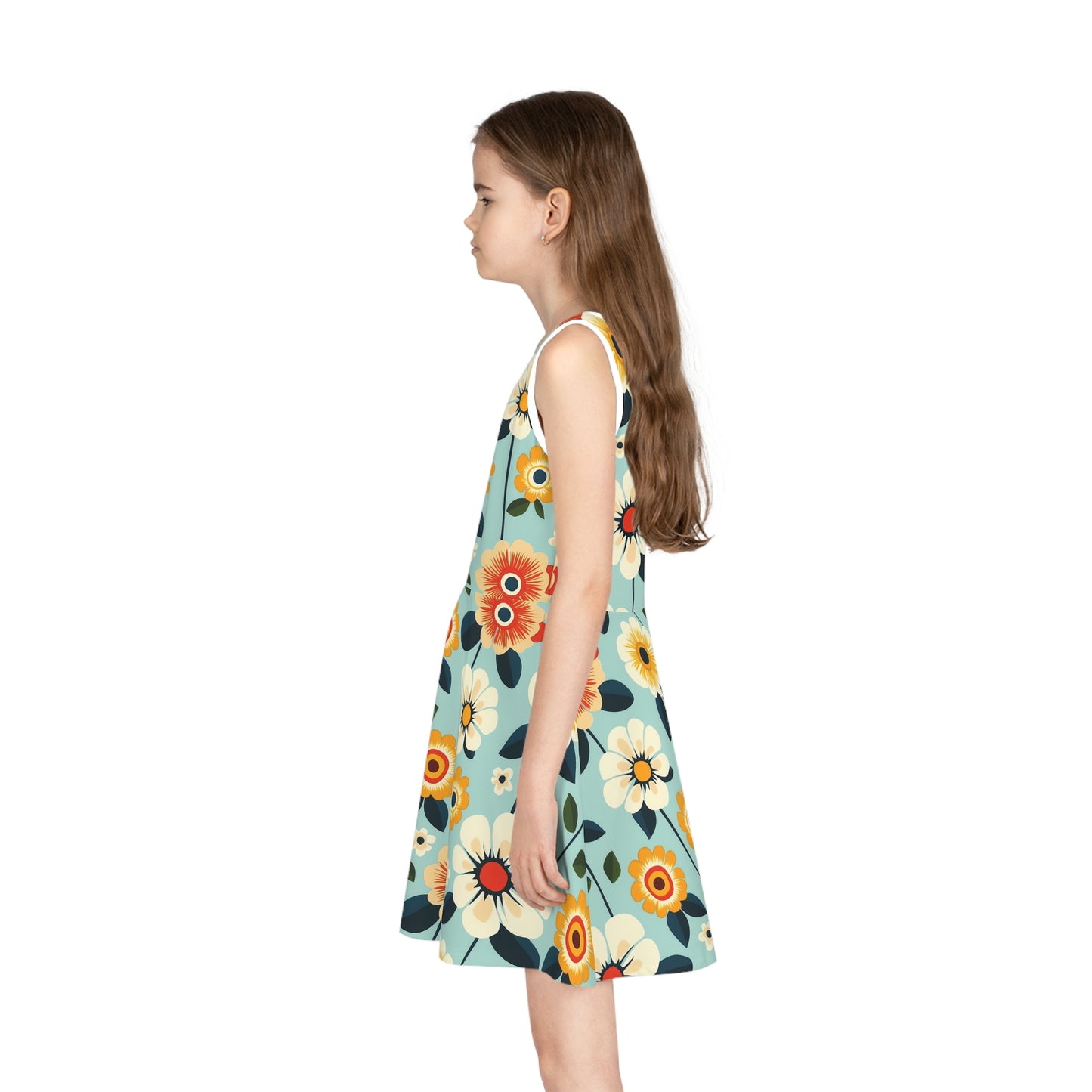 Vivid Flowers on Teal Print Girls' Sleeveless Sundress - Perfect for Summer Parties & Playdates