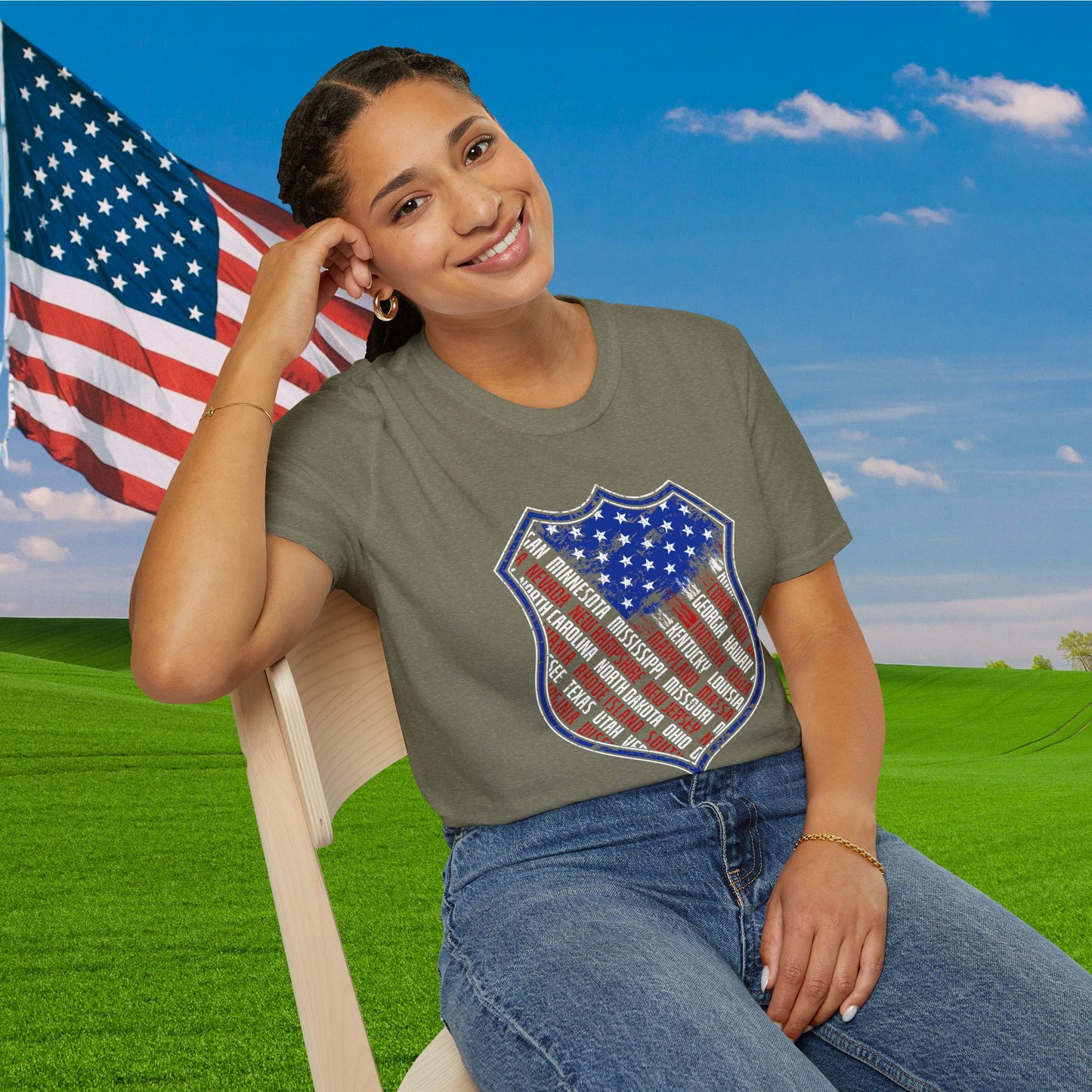 Badge-Shaped American Flag w/States Adult T-Shirt