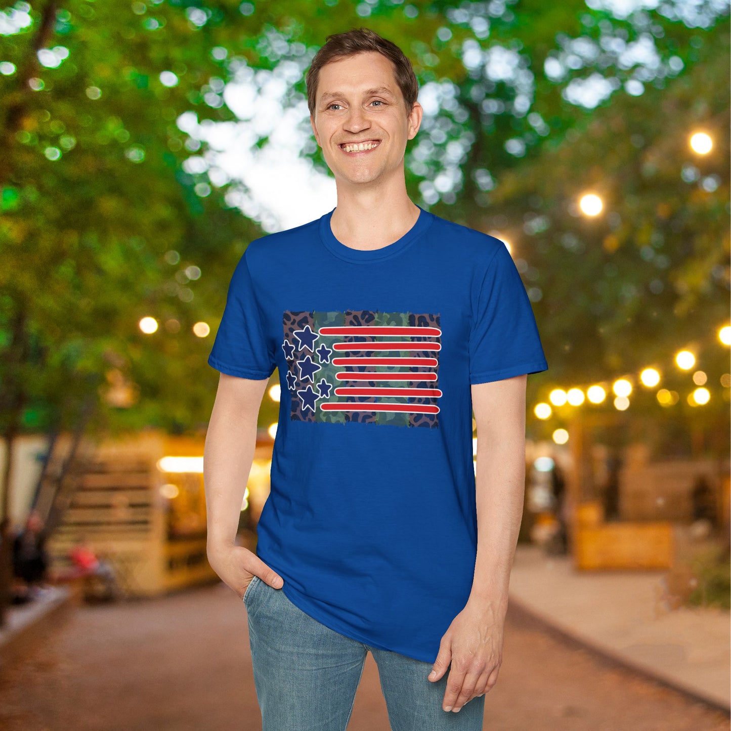 American Flag Over Camo Adult T-shirt