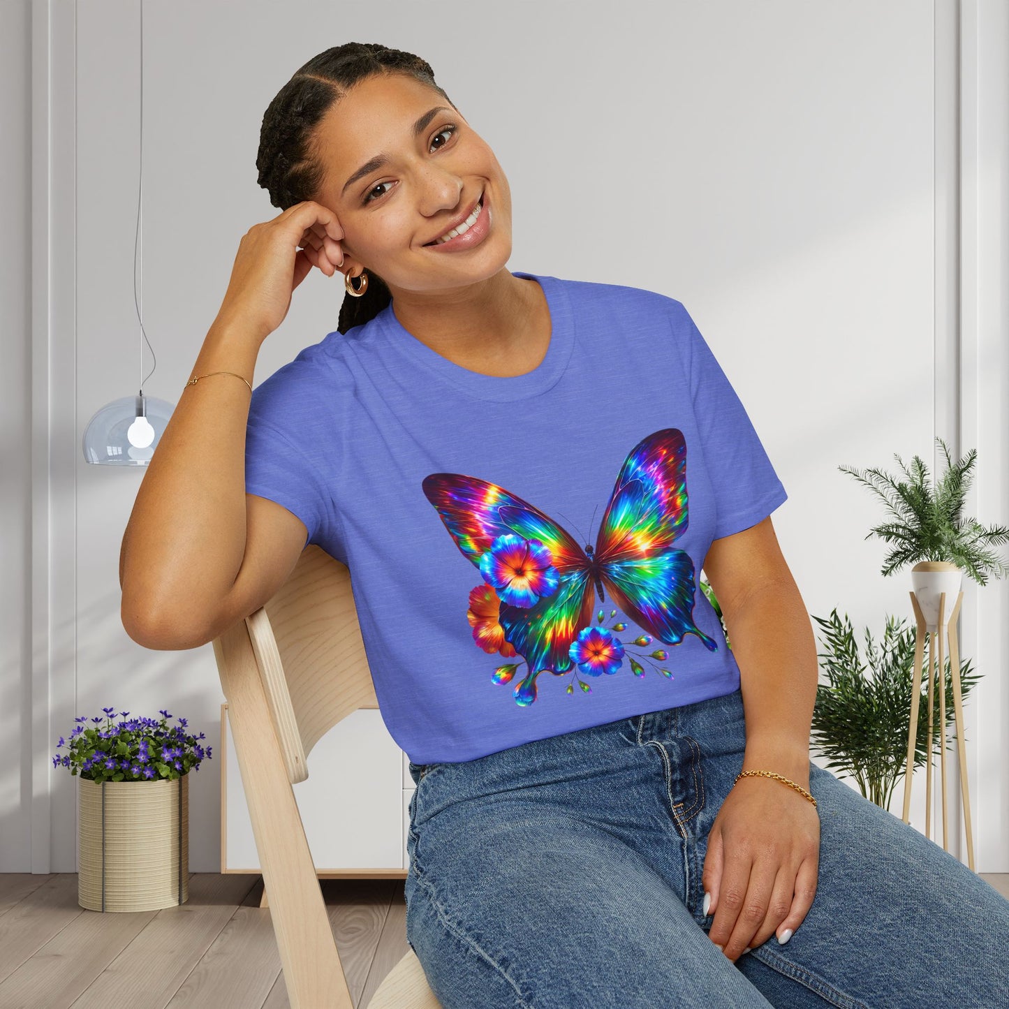 Colorful Butterfly & Flowers Adult T-shirt