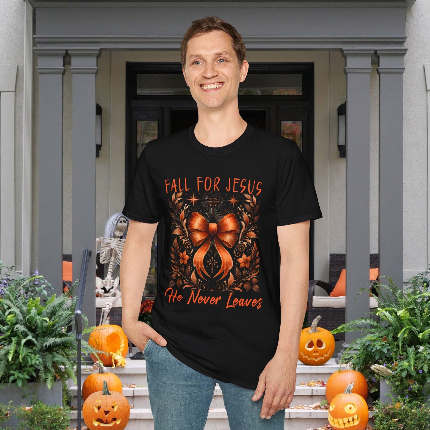 Fall For Jesus He Never Leaves (2) Adult T-shirt