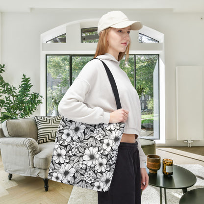 Black & White Forget-Me-Nots Canvas Tote Bag