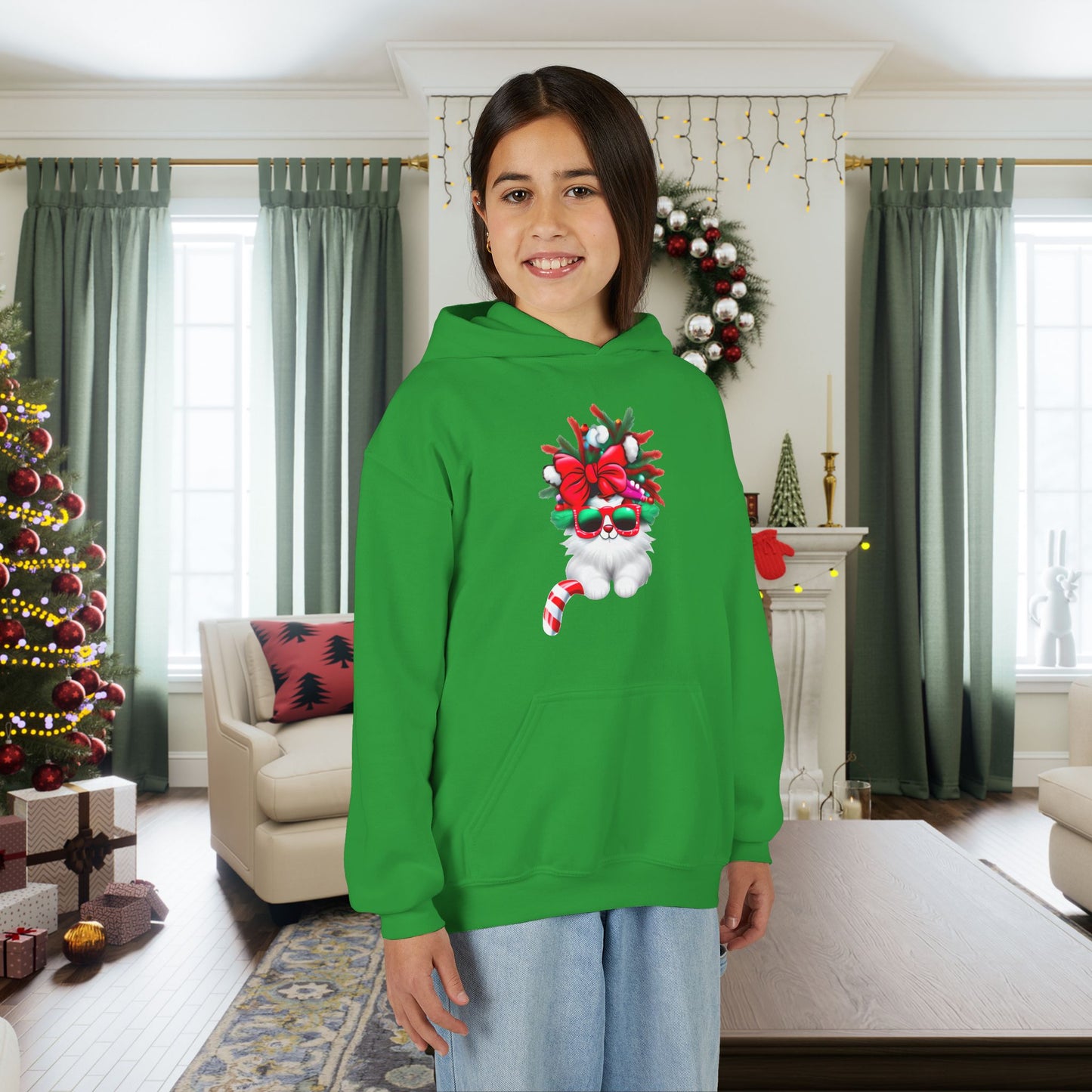 White Candy Cane Kitten Youth Hoodie