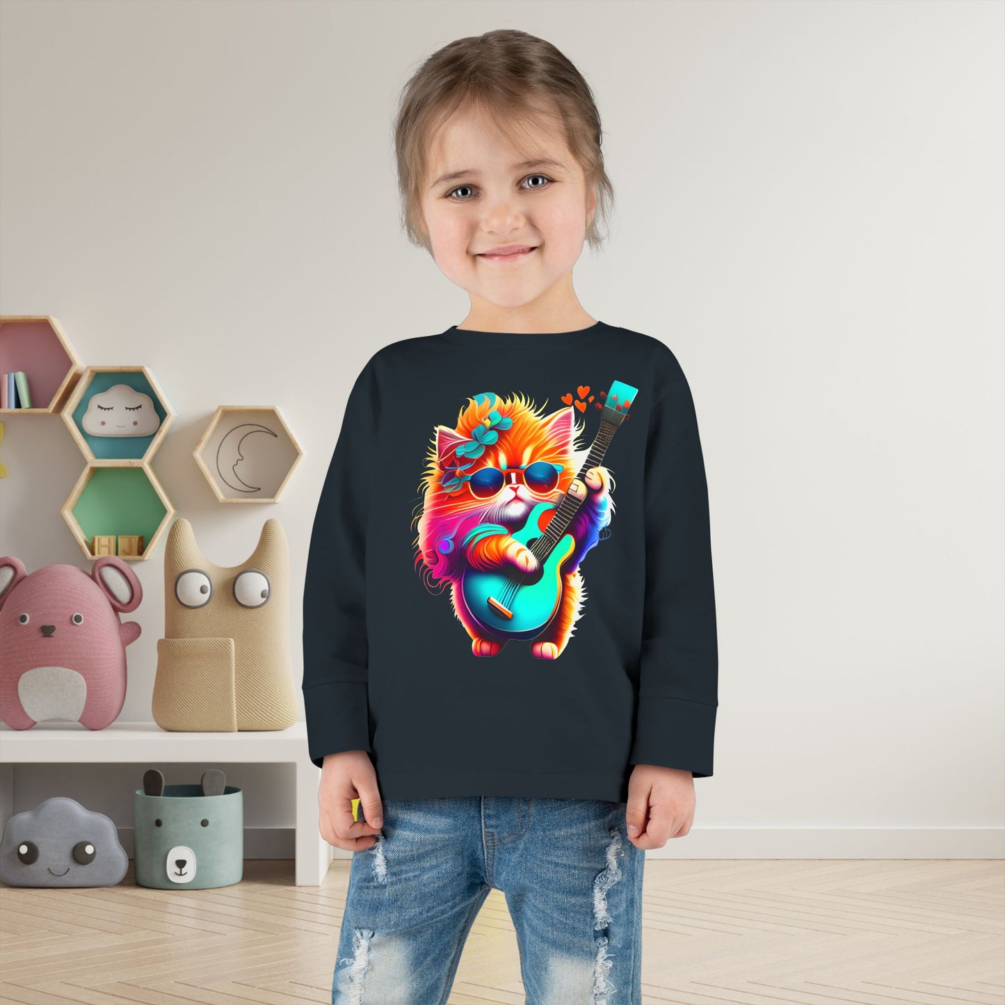 Colorful Guitar Kitten Toddler Long Sleeve Tee