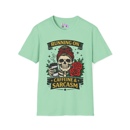 Running on Caffeine and Sarcasm (Roses) Adult T-shirt