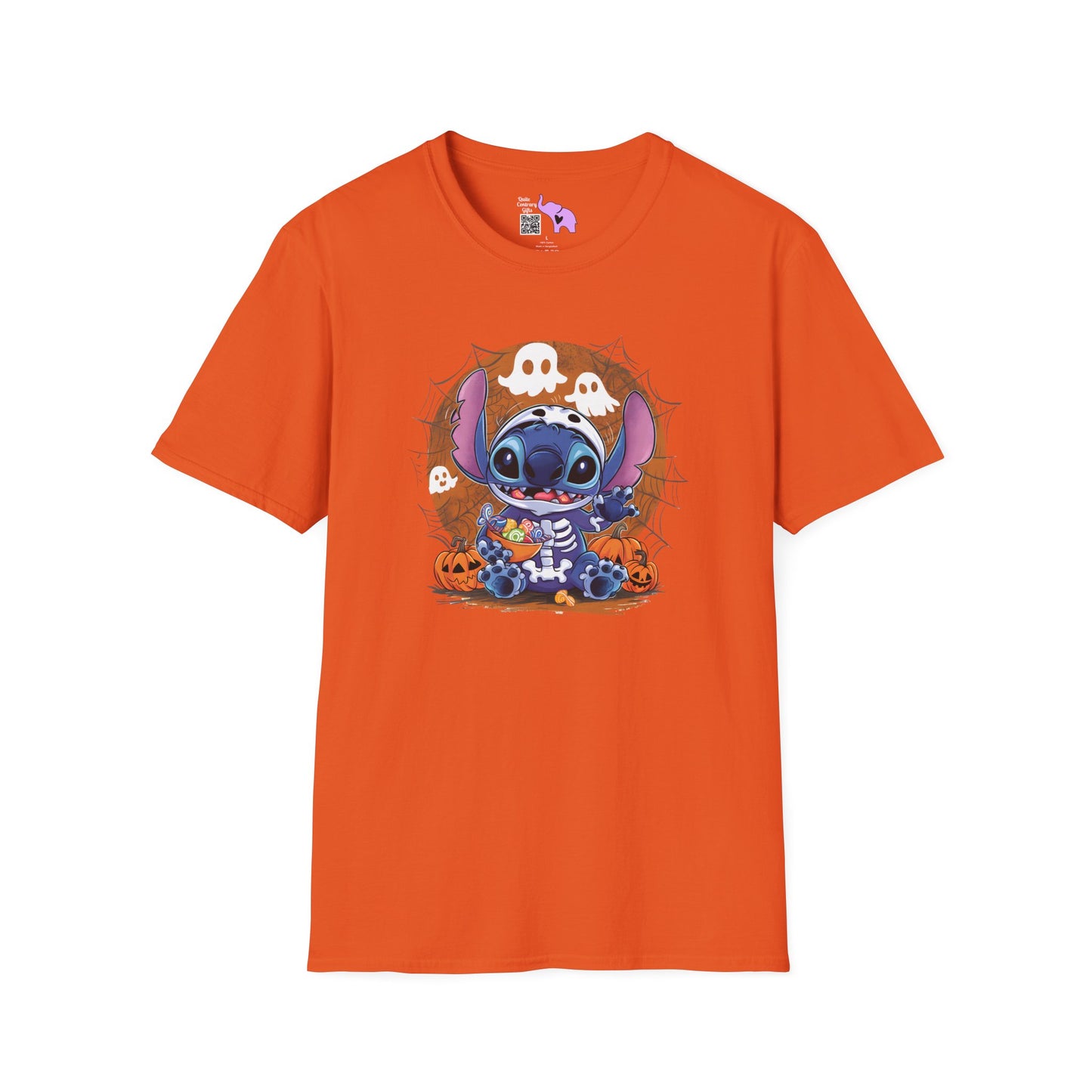 Halloween Skeleton Stitch w/Ghosts & Pumpkins Adult T-shirt