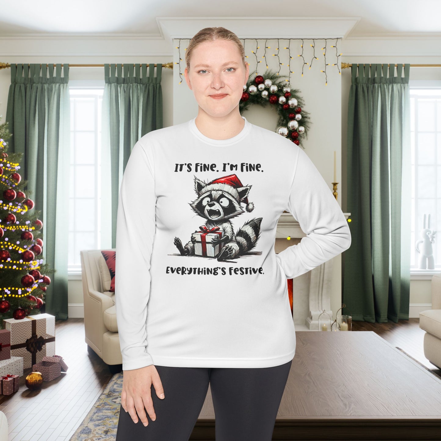 It's Fine I'm Fine Everything's Festive (Racoon) Adult Long Sleeve Tee