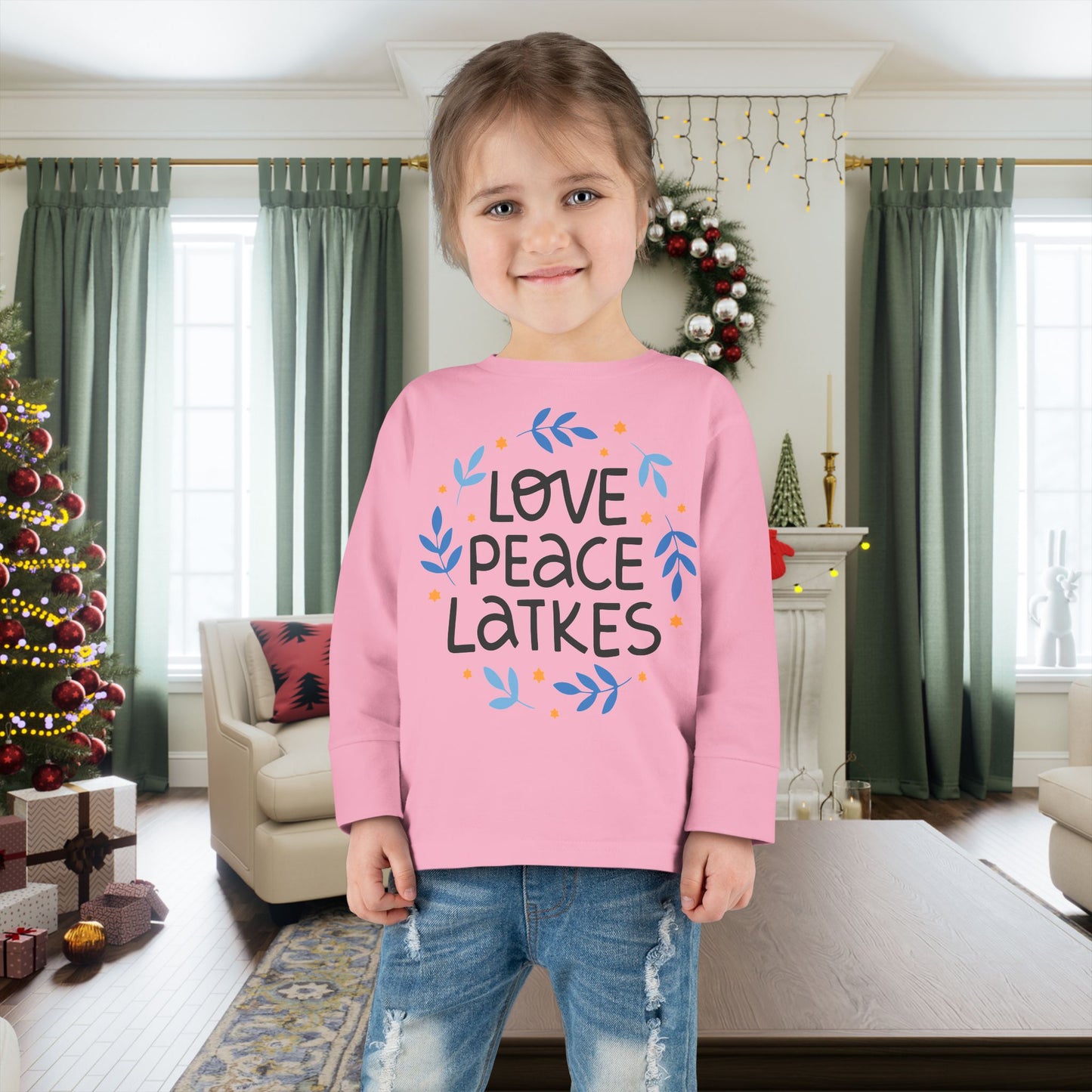 Hanukkah Love Peace Latkes Toddler Long Sleeve Tee
