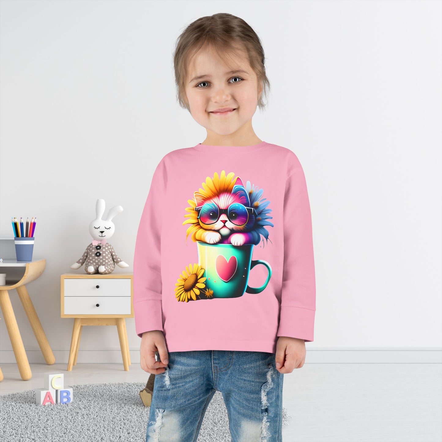 Cool Sunflower Kitten 2 Toddler Long Sleeve Tee