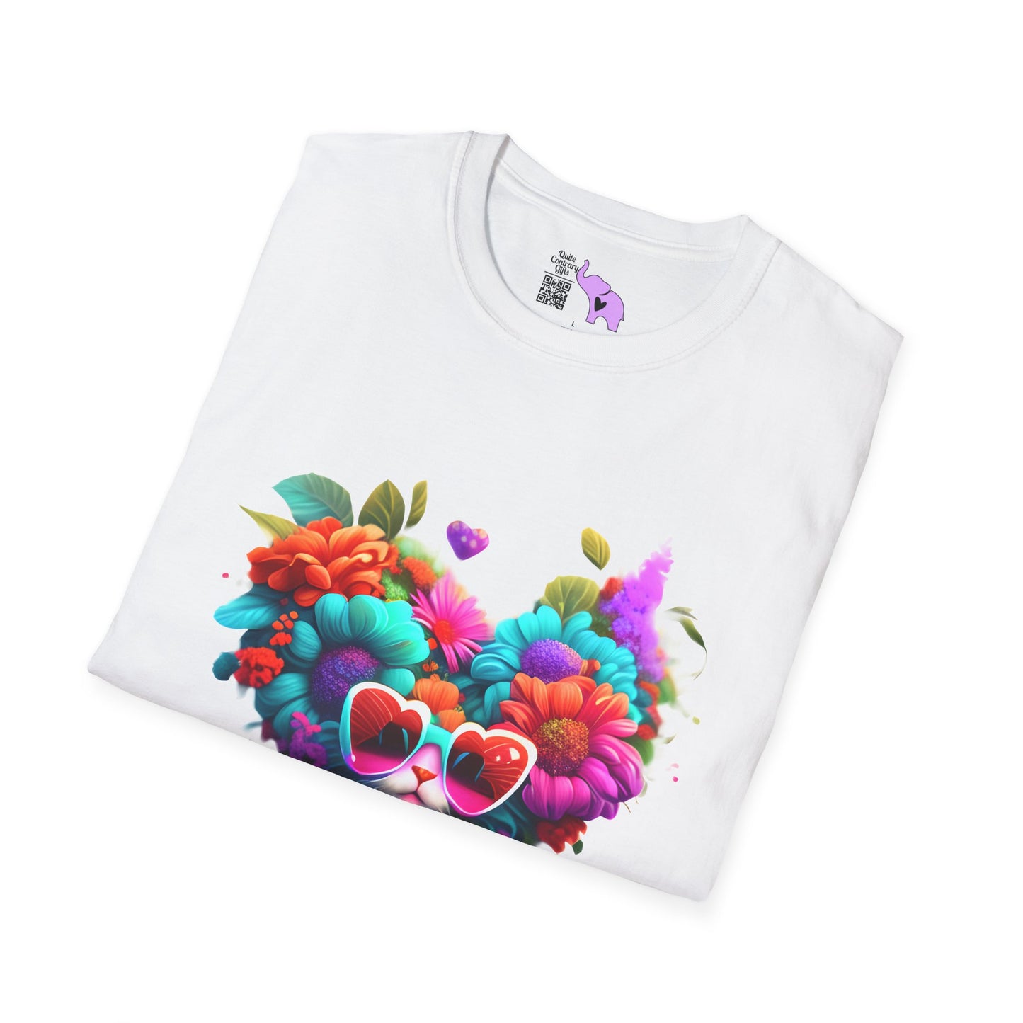Colorful Flowers/Heart Kitten Adult T-shirt