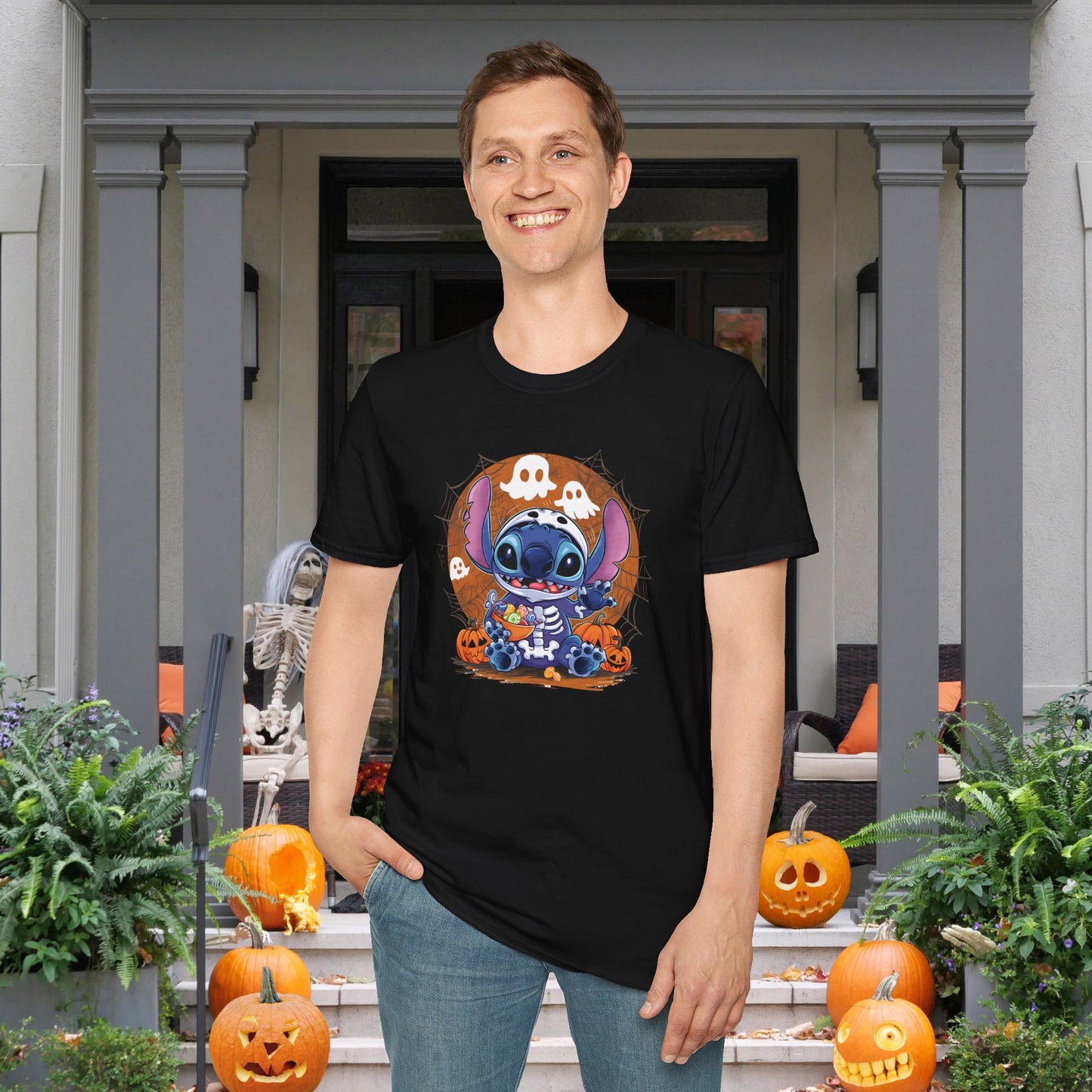Halloween Skeleton Stitch w/Ghosts & Pumpkins Adult T-shirt