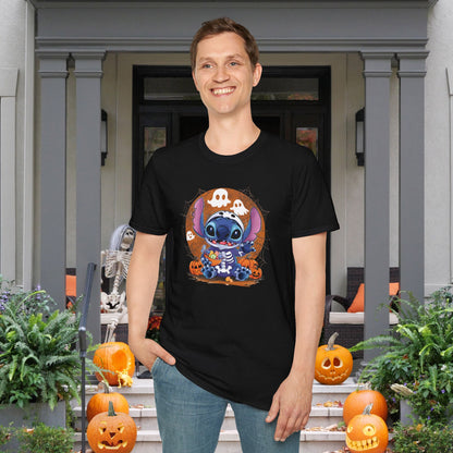 Halloween Skeleton Stitch w/Ghosts & Pumpkins Adult T-shirt