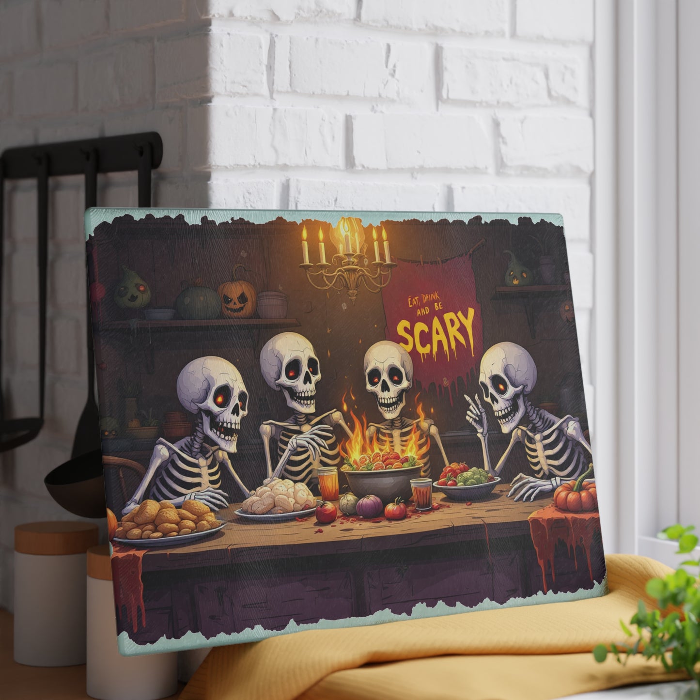 Eat, Drink, & Be Scary Glass Cutting Board