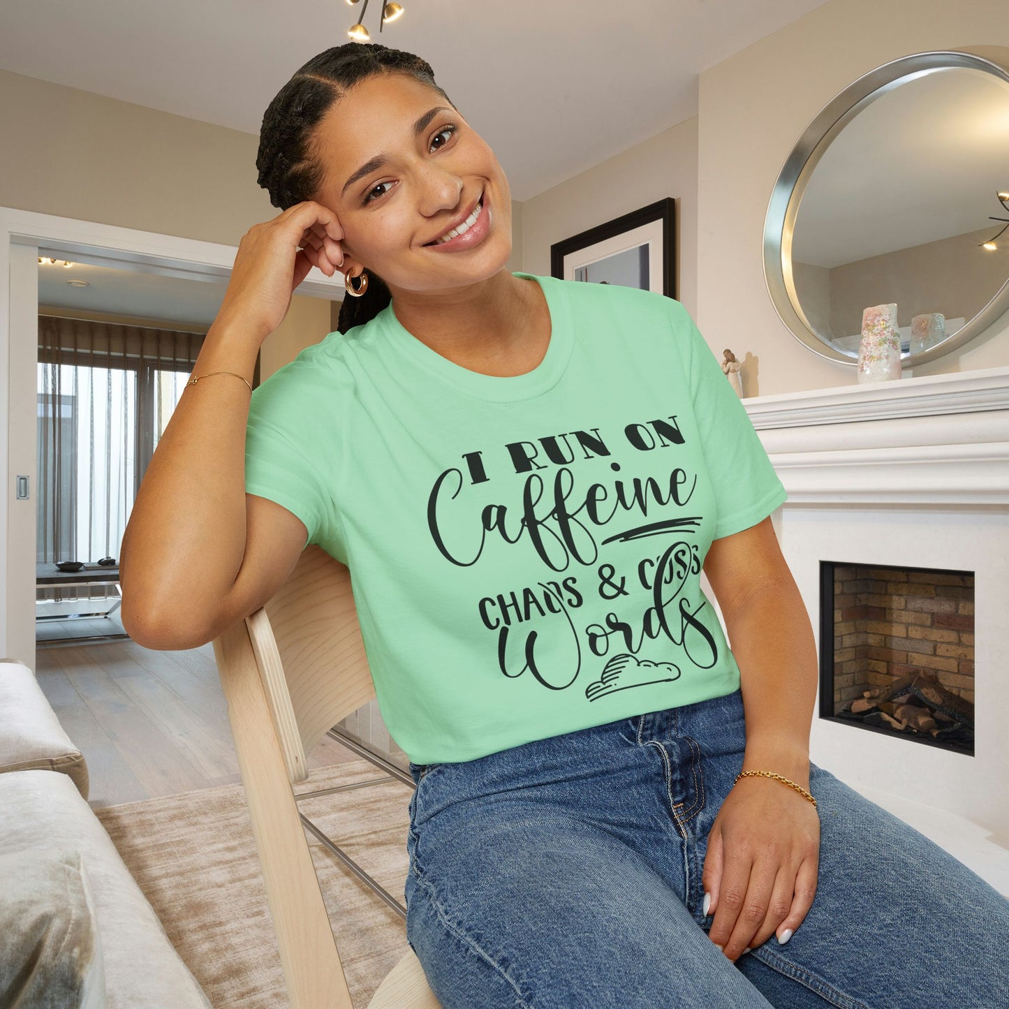 I Run On Caffeine Chaos and Cuss Words Adult T-shirt