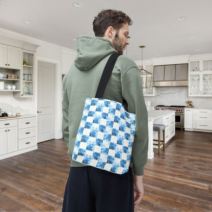 Cozy Blue Checkered Canvas Tote Bag