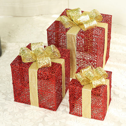 Lighted Metal Gift Box Sets of 3 – LED Christmas Decorations in Gold, Red, Blue & Silver