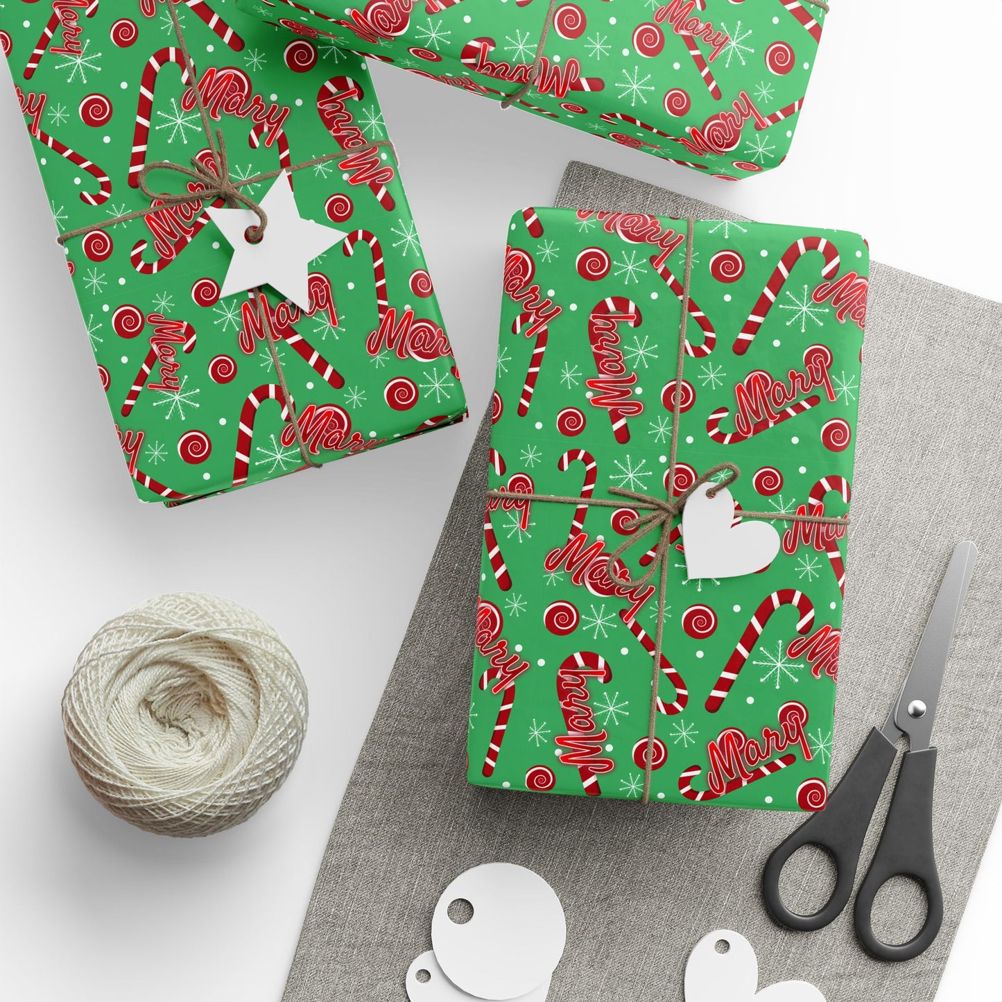 Red & Green Candy Canes Custom Name Wrapping Paper (Mary)