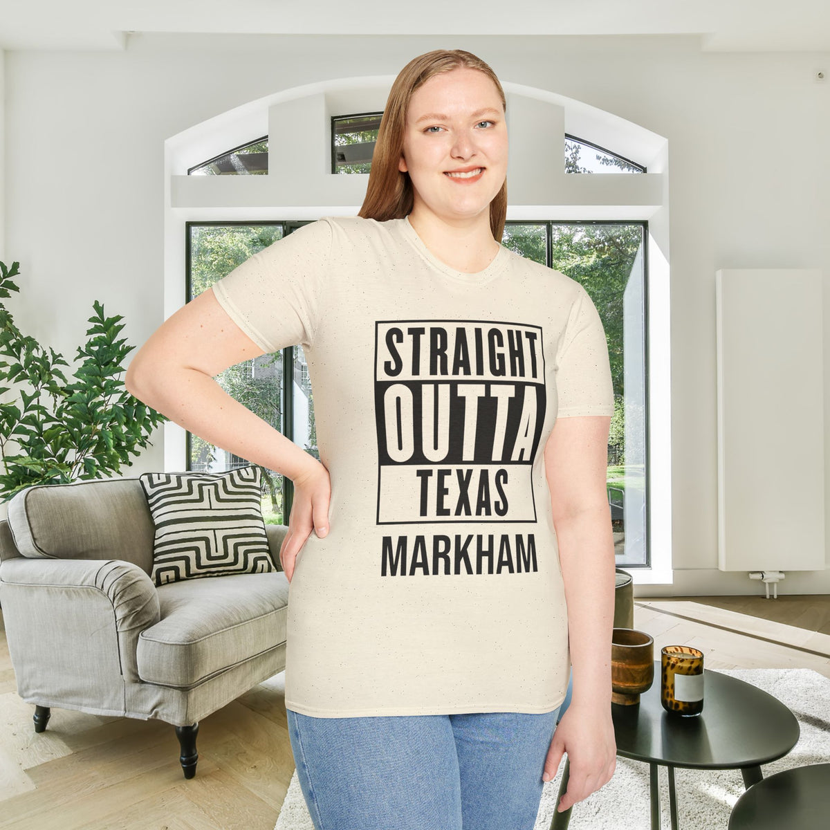 Straight Outta Texas (Light Colors, Black Text) Adult T-shirt