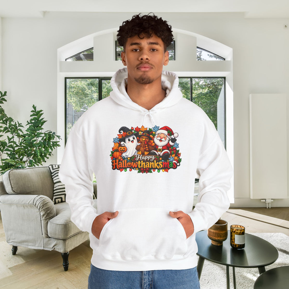 Happy Hallowthanksmas Shirt (Ghost/Turkey/Santa) Heavy Blend™ Adult Hoodie
