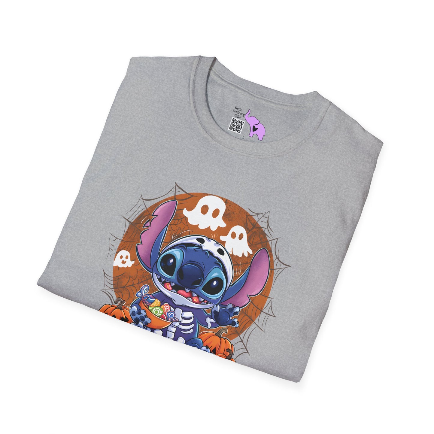 Halloween Skeleton Stitch w/Ghosts & Pumpkins Adult T-shirt