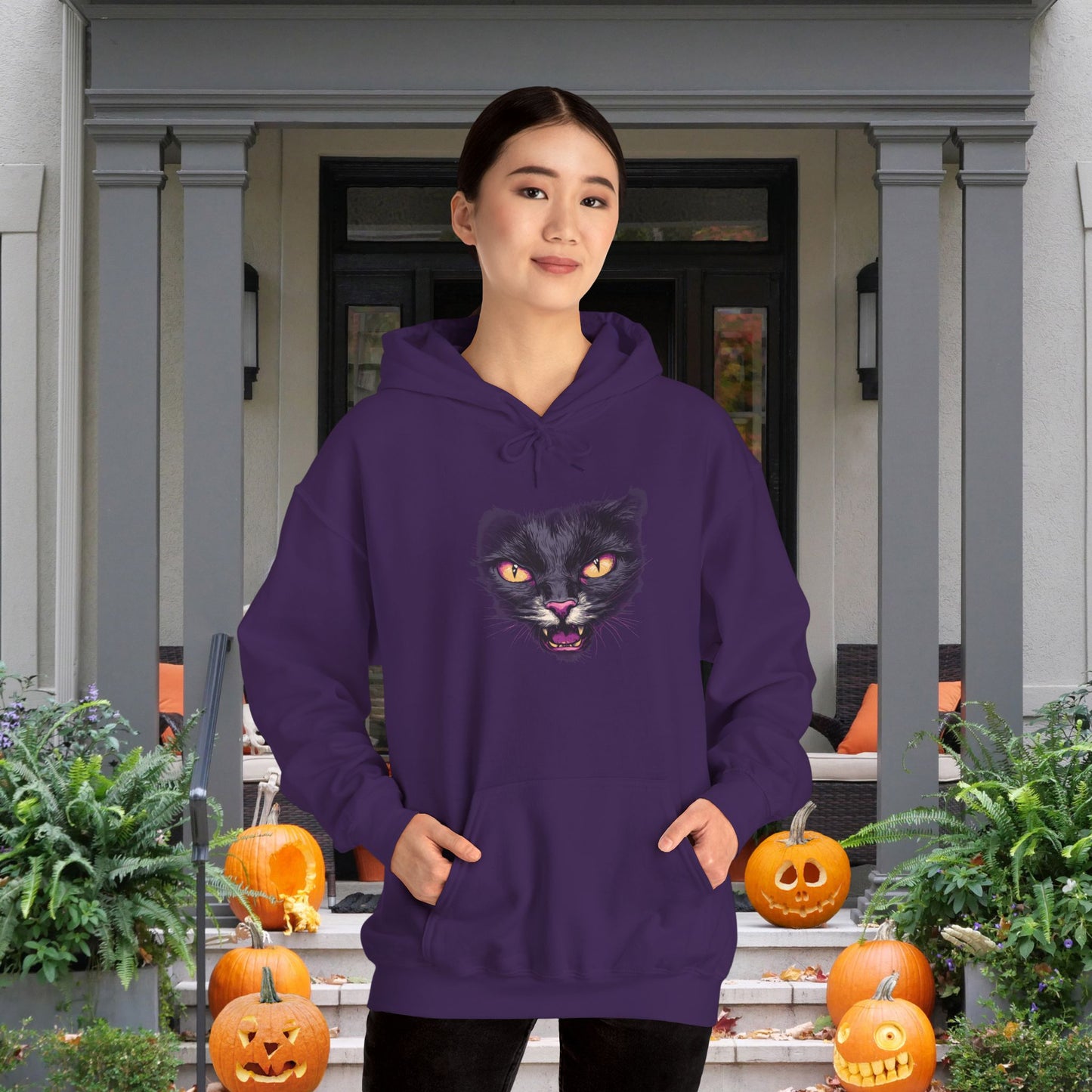 Black Cat Face Heavy Blend™ Hooded Sweatshirt