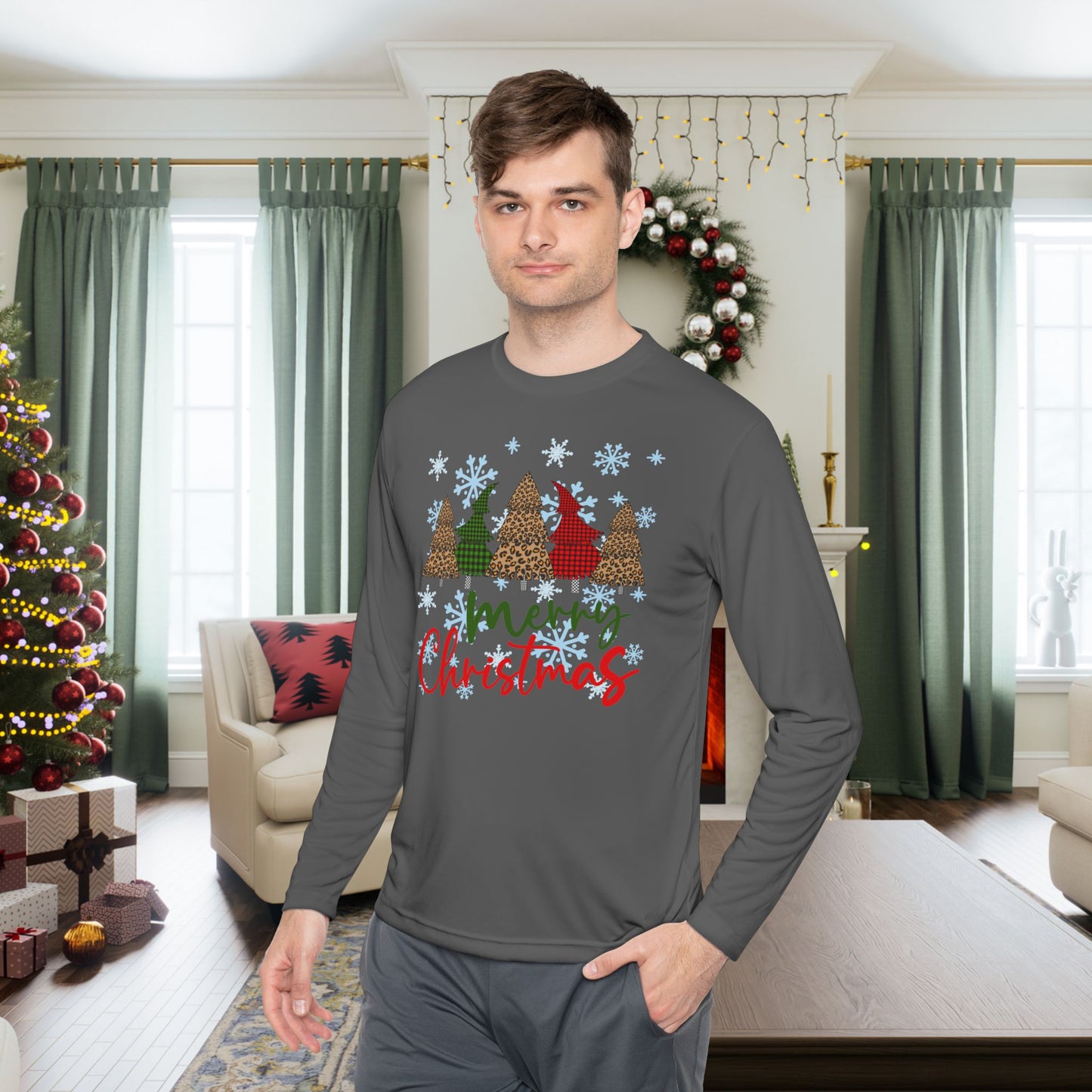 Checkered Trees Merry Christmas Adult Long Sleeve Tee