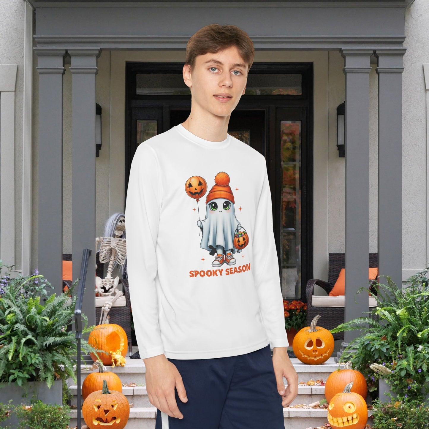Spooky Season Ghost Trick-or-Treater Youth Long Sleeve Tee