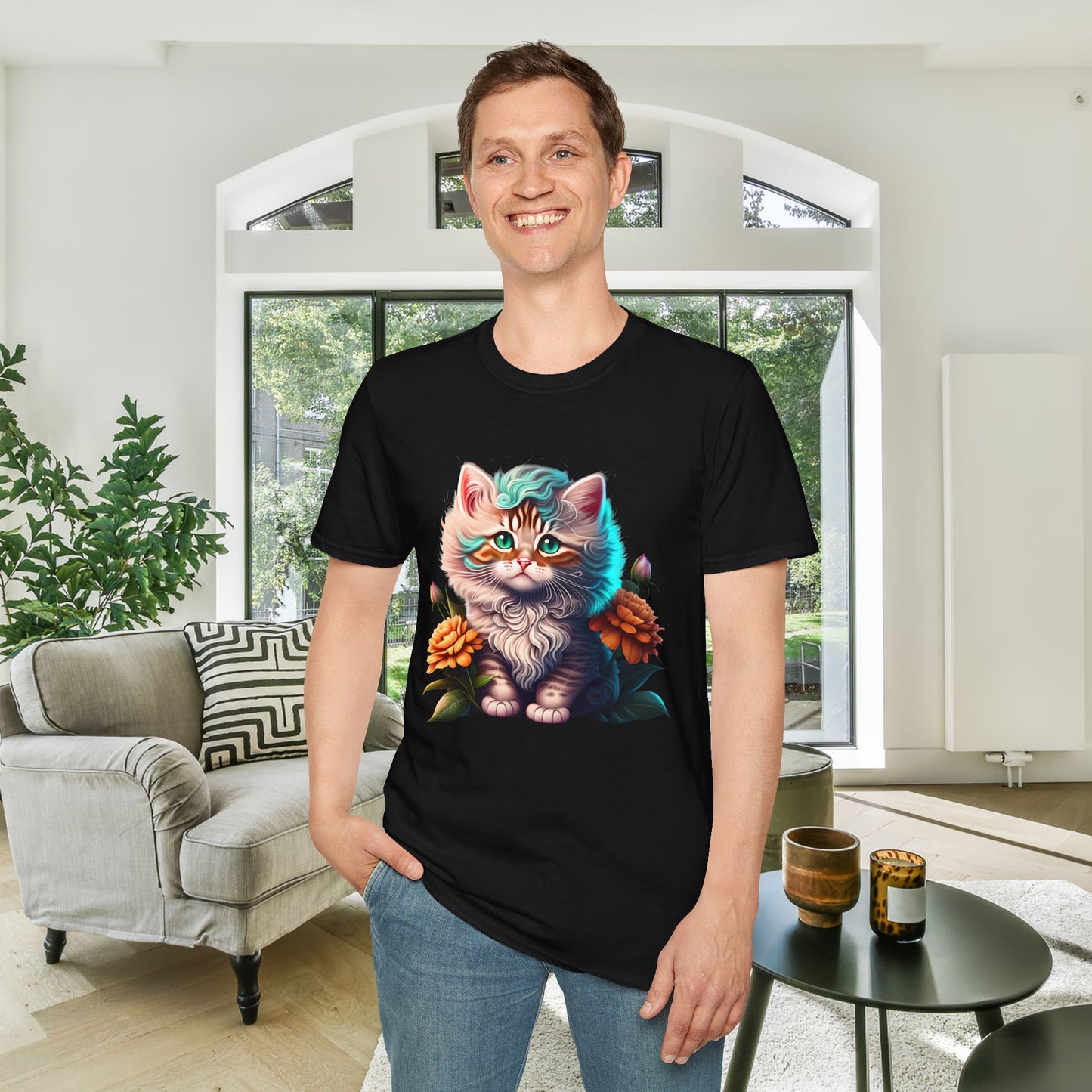Cute Colorful Kitten in Flowers 3 Adult T-shirt