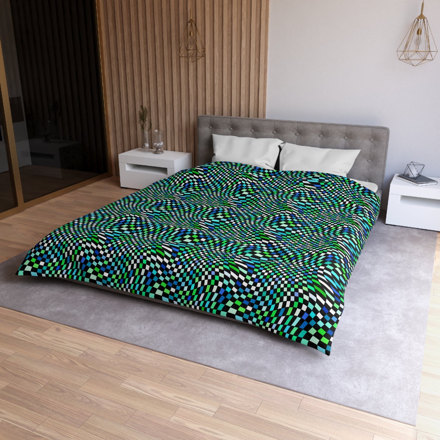 Warped Green Checkered Microfiber Duvet Cover