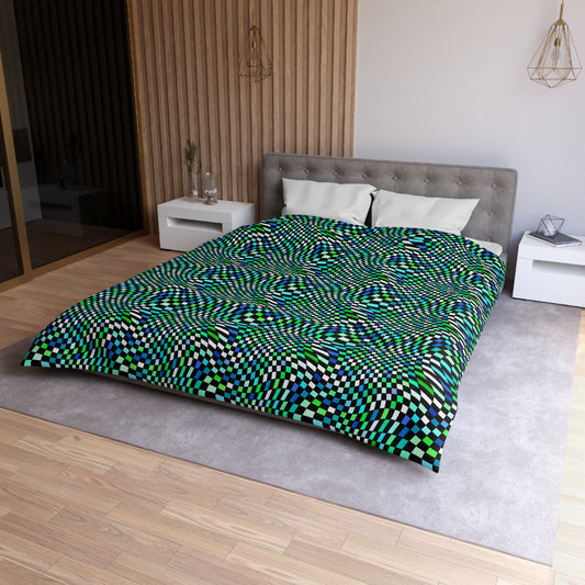 Warped Green Checkered Microfiber Duvet Cover