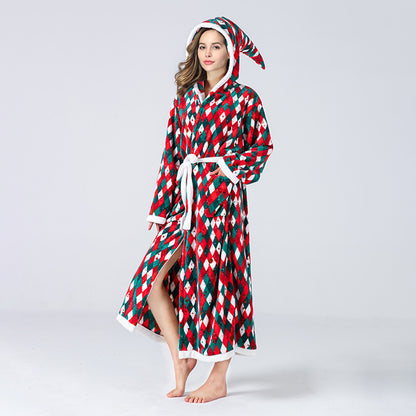 Christmas Women Fleece Hooded Plush Bathrobe