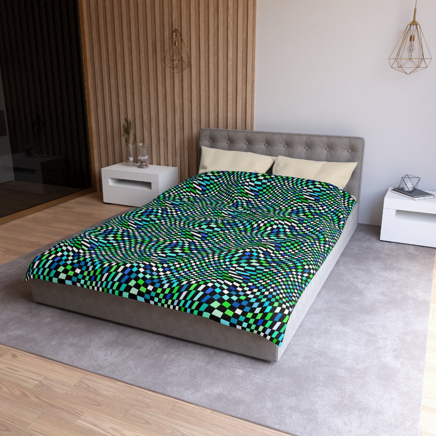 Warped Green Checkered Microfiber Duvet Cover