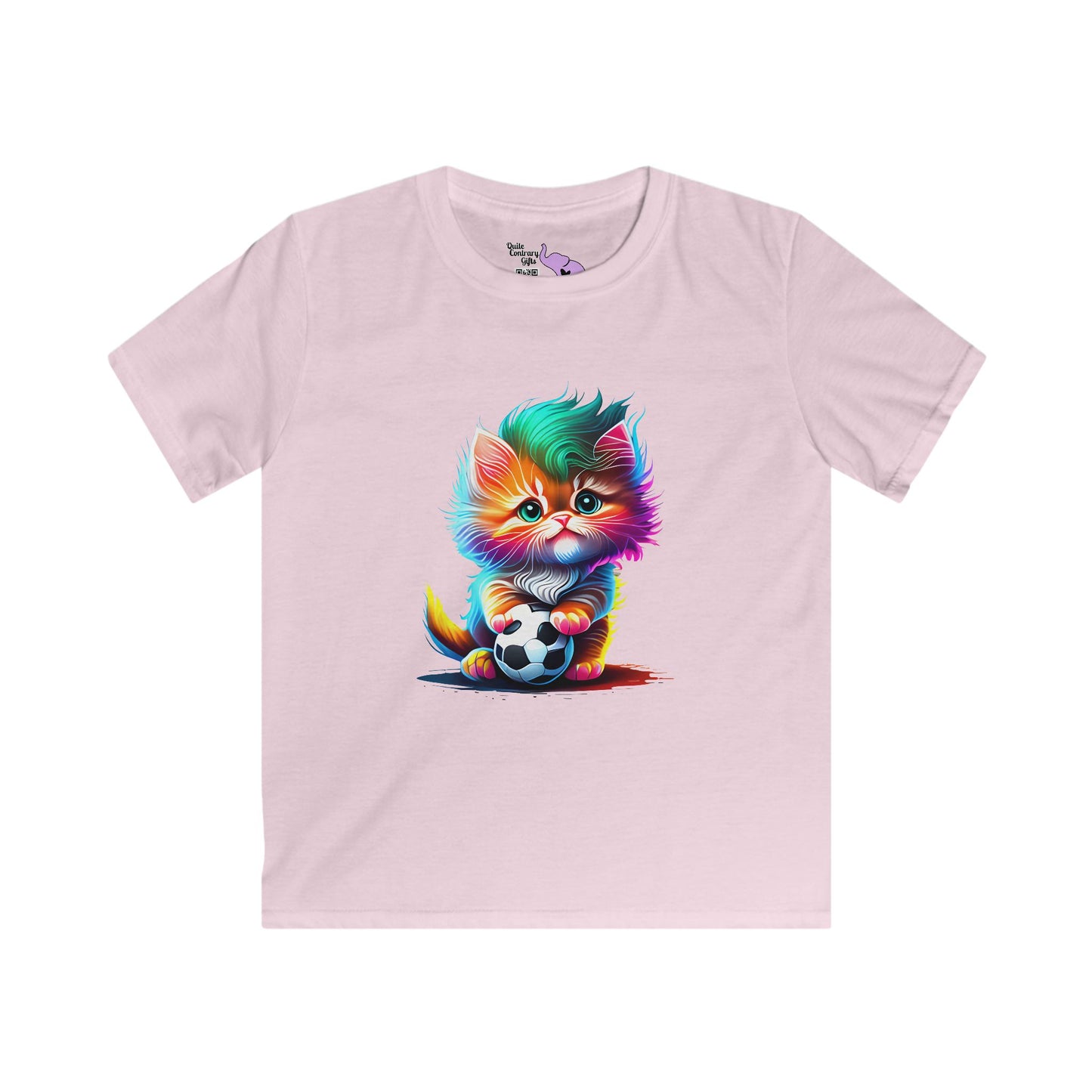 Cute Colorful Kitten w/Soccer Ball Youth Softstyle Tee