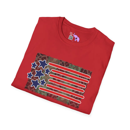 American Flag Over Camo Adult T-shirt