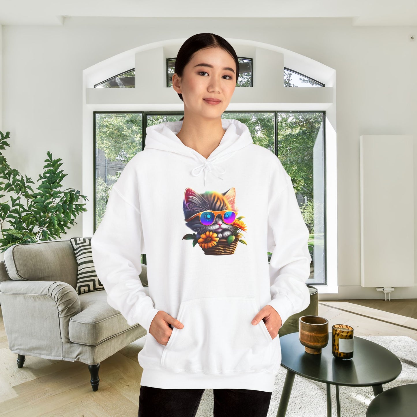 Cool Colorful Kitten in Flowers Heavy Blend™ Hooded Sweatshirt