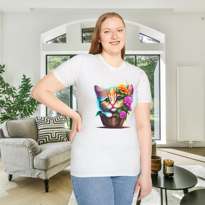 Cute Colorful Kitten in Flowers Adult T-shirt